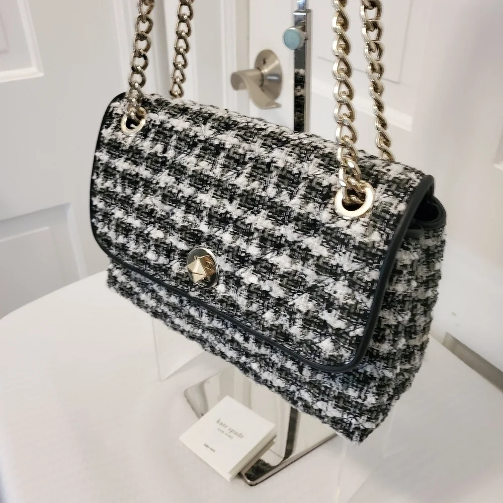 EUC Kate Spade Natalia Black & White Tweed Flap Close Crossbody/Shoulder Bag